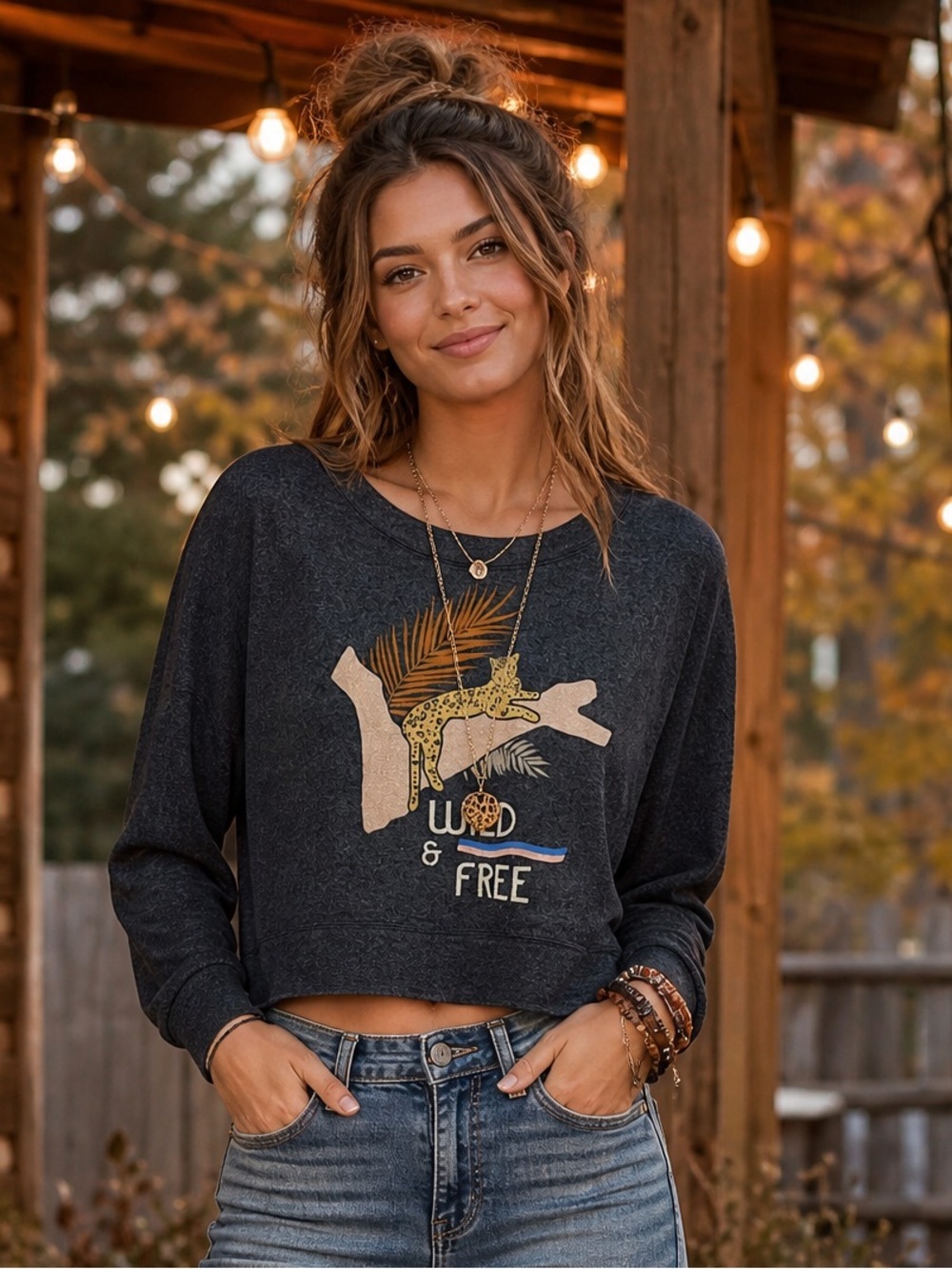 CHASER Women’s Crewneck Graphic Tiger Cheetah Pullover Crop Sweatshirt Size S